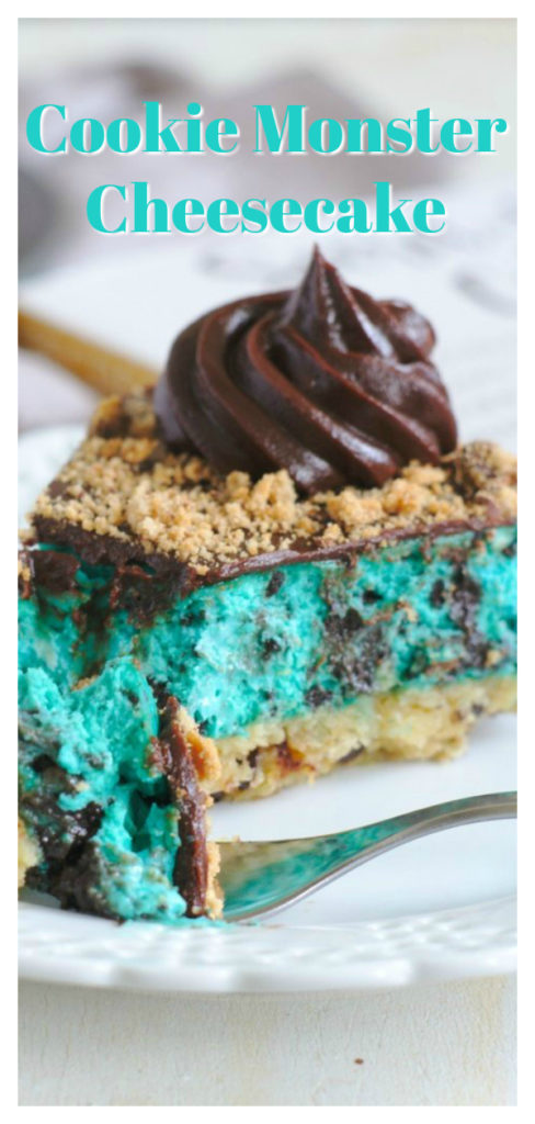 Cookie Monster Cheesecake - A gorgeous and whimsical blue cheesecake! Chocolate chip cookie crust, a blue cookies and cream cheesecake filling, topped with a creamy chocolate ganache and crushed chocolate chip cookies! Cheesecake Recipe | Cookie Monster Recipe | Easy Cheesecake Recipe